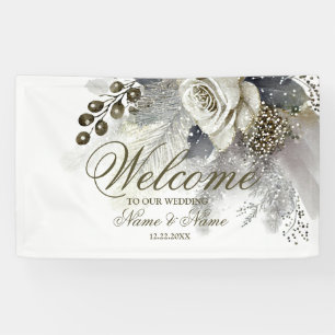Begrüßungsparty Silver Golden White Roses Banner