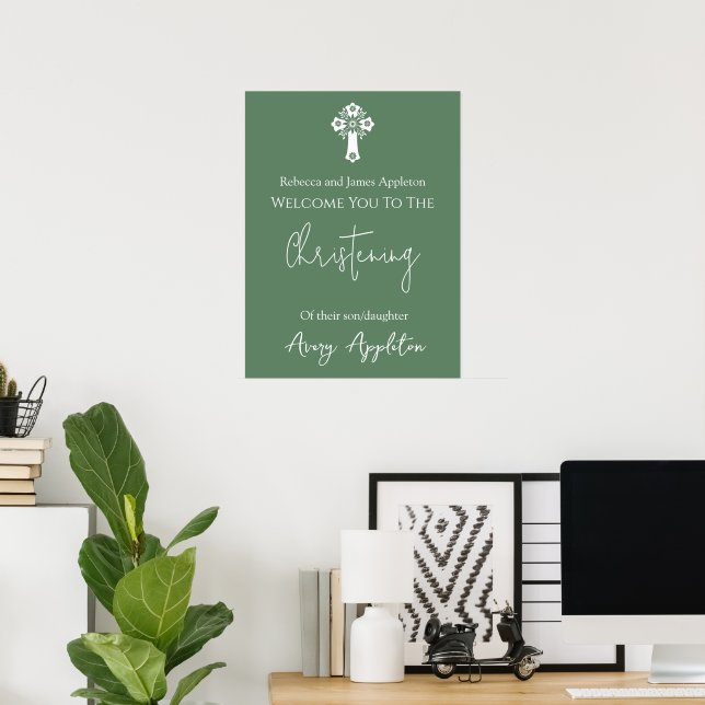 Begrüßungsposter Floral Cross Christening Fern Gre Poster (Heimbüro)