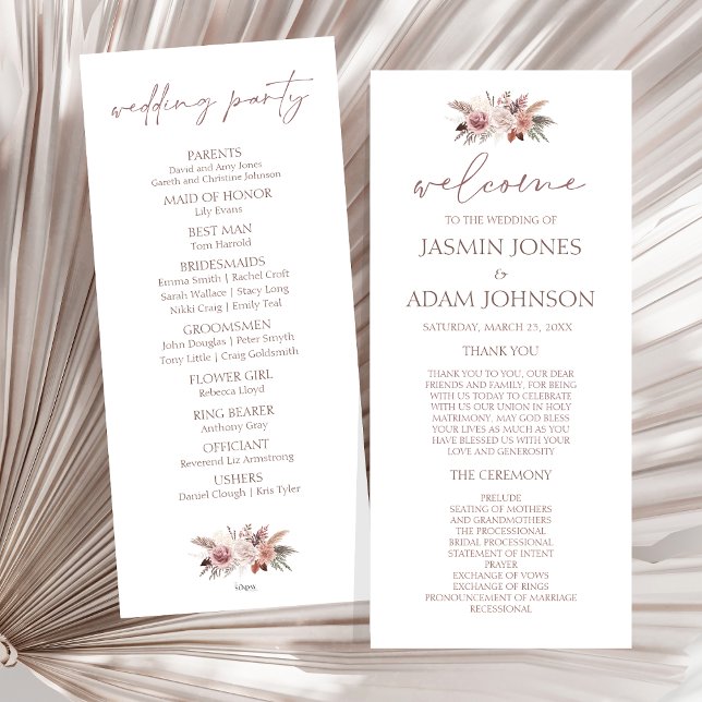 Begrüßungsprogramm für Boho Pampas-neutrale Blumen (Boho Dusty Pink Dried Flowers Wedding Program)