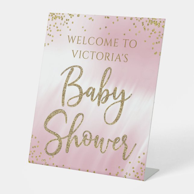 Begrüßungsschild für die Rosa Gold Baby Dusche Sockelschild (Vorderseite)