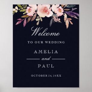 Begrüßungssignatur-Navy-Pink-Aquarell-Peonies Poster