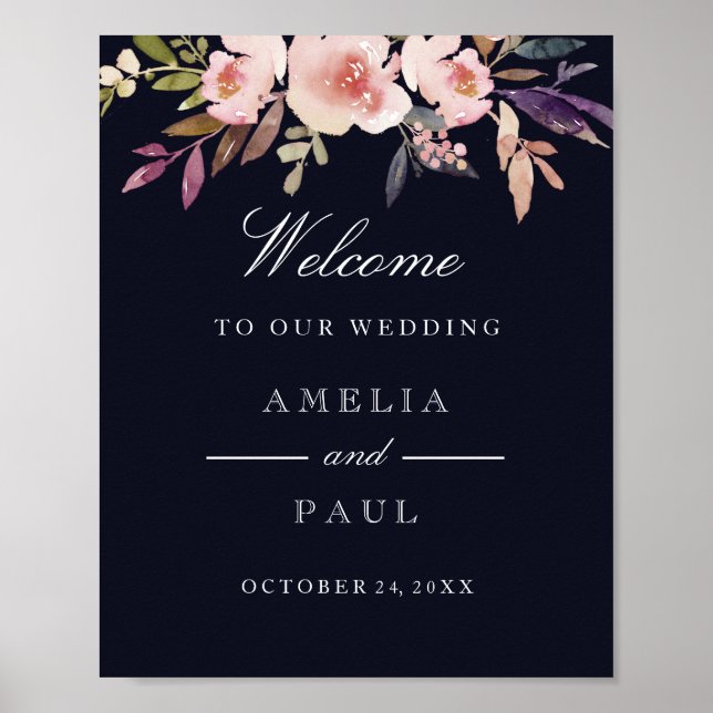 Begrüßungssignatur-Navy-Pink-Aquarell-Peonies Poster (Vorne)