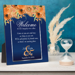 Begrüßungssitze - Orangefarbene Blume/Navy Blue Fotoplatte