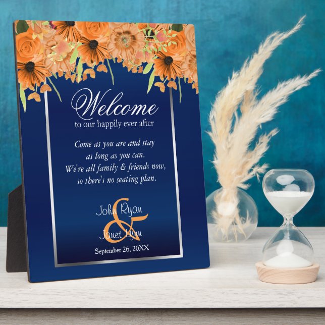 Begrüßungssitze - Orangefarbene Blume/Navy Blue Fotoplatte (Seite)