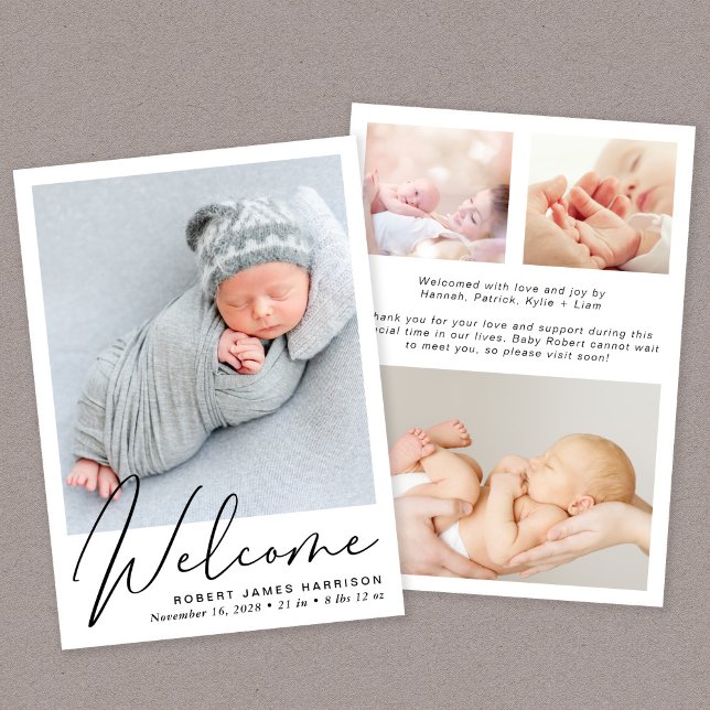 Begrüßungsskript 4 Foto Birth Ankündigung (Our user-friendly template allows you to create your perfect birth announcement)