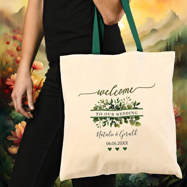 Begrüßungsskript Greenerity Wedding Tote Bag Tragetasche (An elegant wedding tote bag featuring a stylized green welcome script text and greenery)