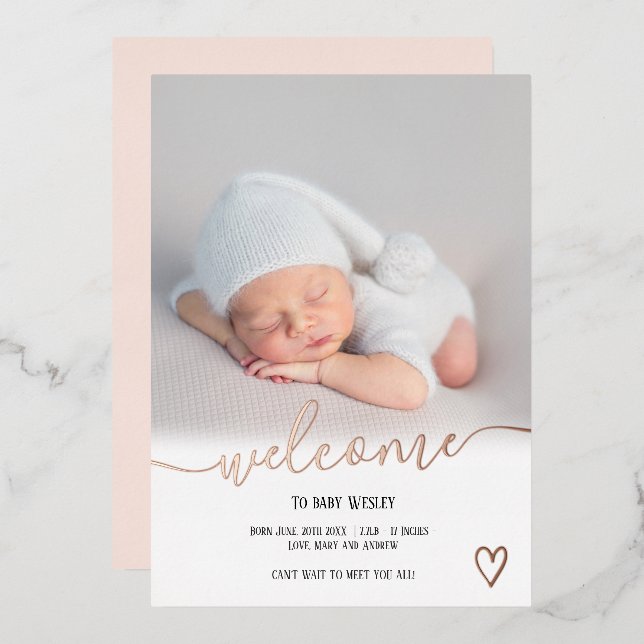 Begrüßungsskript Herz Foto Geburt Rose Gold Folieneinladung (Vorderseite/Rückseite)