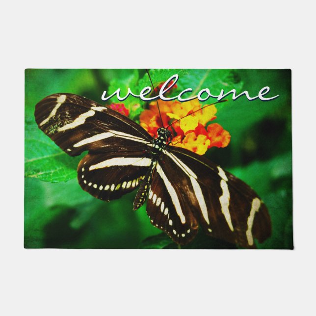 Begrüßungsskript Schwarz-weiß Strip Butterfly Foto Fußmatte (Vorderseite)