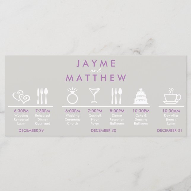 Begrüßungstablett-Hinweis für graue und Lila Hochz Programm (Vorderseite)