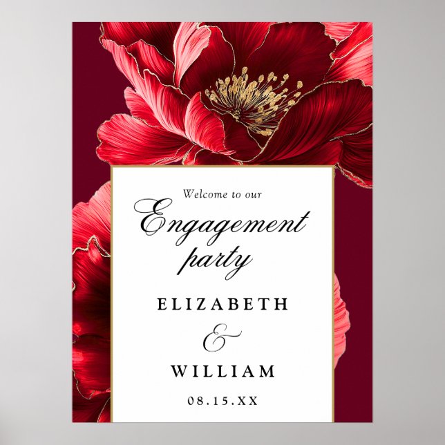 Begrüßungsunterschrift von Burgund Red Floral Poster (Vorne)