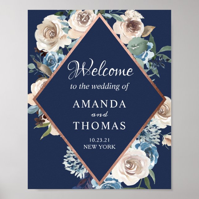 Begrüßungszeichen der Blue Rose Gold Floral Poster (Vorne)
