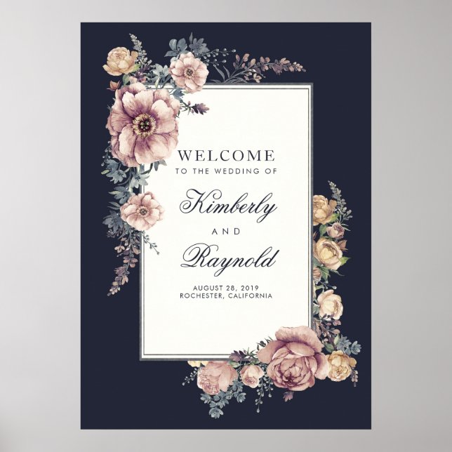Begrüßungszeichen der Marine und der Mauve Floral Poster (Vorne)
