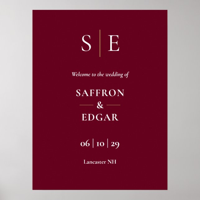 Begrüßungszeichen für Burgund und Gold Monogram Poster (Vorne)
