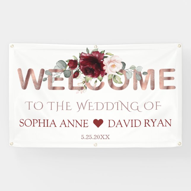 Begrüßungszeichen für Burgundy Blush Floral Gold Banner (Horizontal)