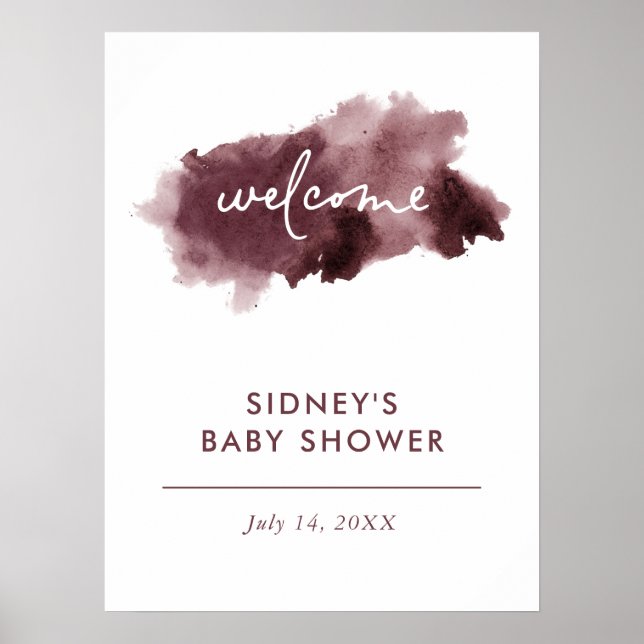 Begrüßungszeichen für Burgundy Ink Wash Baby Dusch Poster (Vorne)