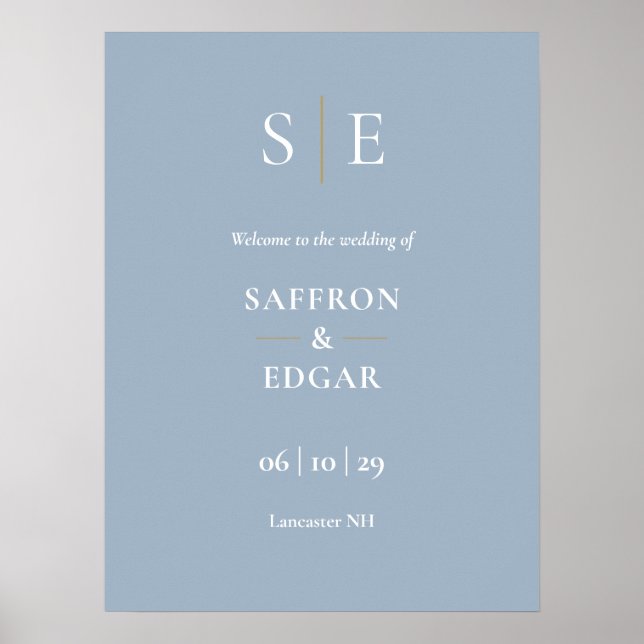 Begrüßungszeichen für dusty Blue und Gold Monogram Poster (Vorne)
