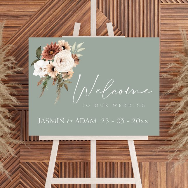Begrüßungszeichen für einfache grüne Pfirsichblüte Poster (Rustic Green Peach Floral Wedding Welcome Sign)