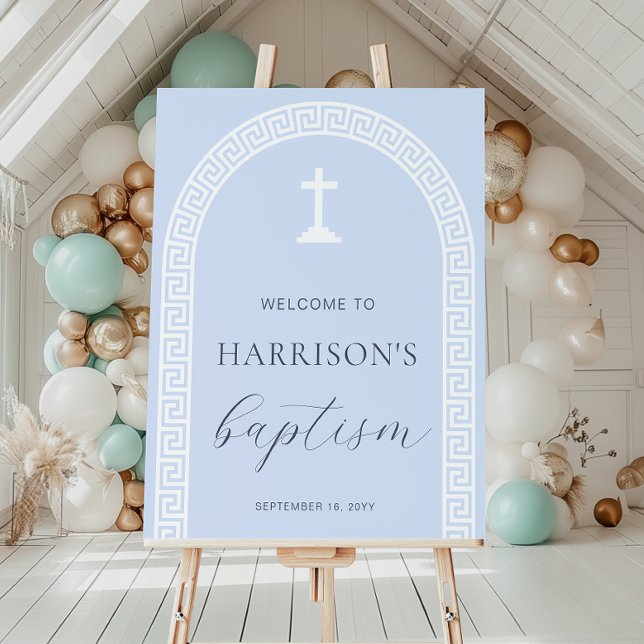 Begrüßungszeichen für griechisches Schlüsselband B Poster (Welcome Sign Baptism Greek Key Blue)