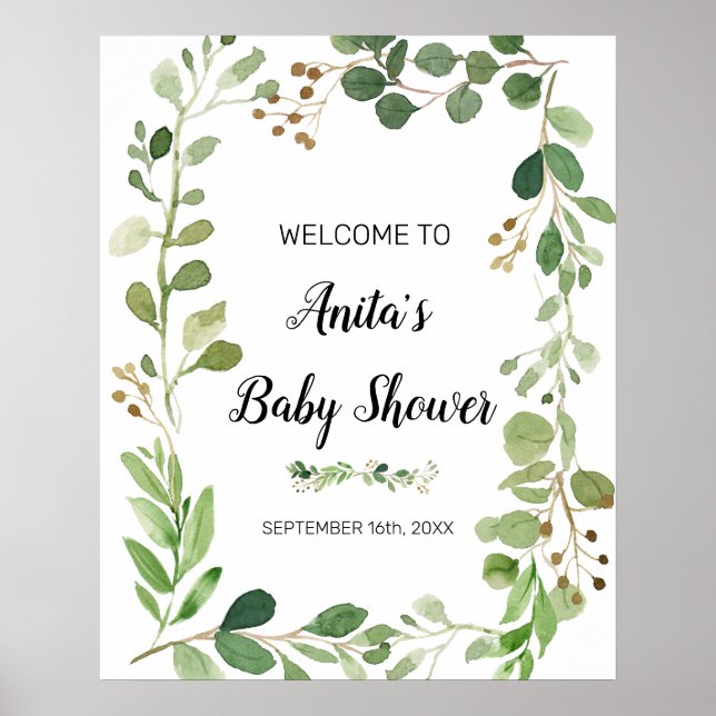 Begrüßungszeichen für Grüne Wasserfarbe Babydusche Poster (Vorne)