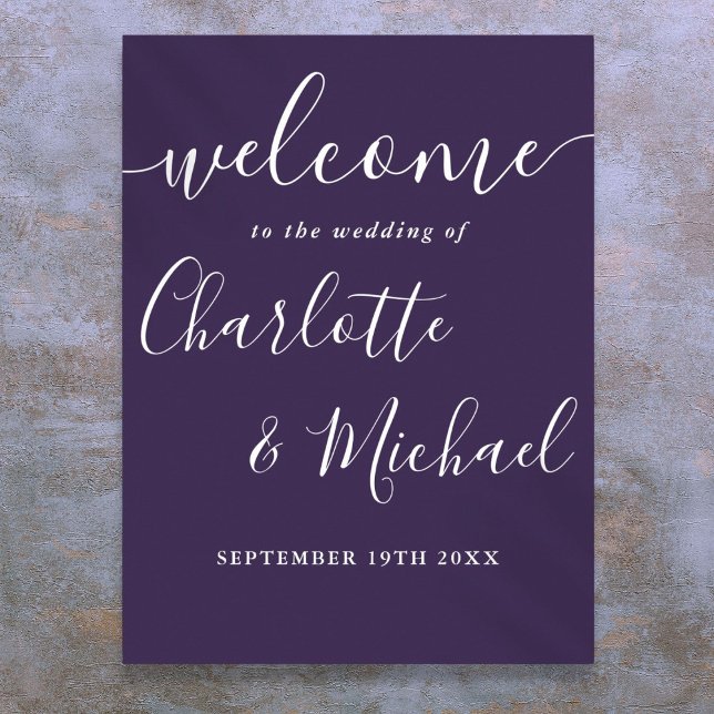 Begrüßungszeichen für lila Signatur Poster (Purple Signature Script Wedding Welcome Sign)