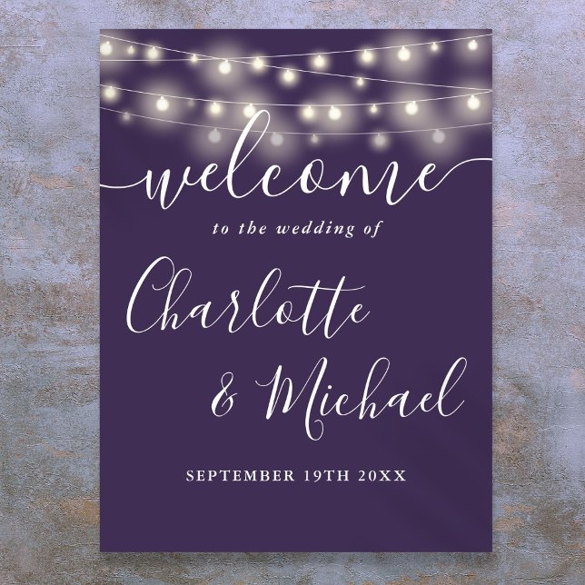 Begrüßungszeichen für lila String Lights Poster (Purple String Lights Wedding Welcome Sign)