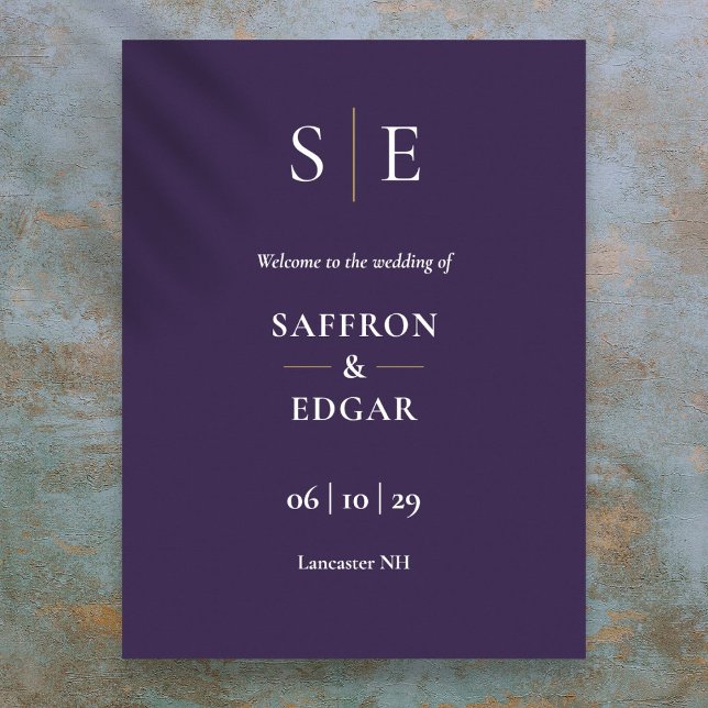Begrüßungszeichen für lila und Gold Monogram Poster (Purple And Gold Monogram Wedding Welcome Sign)