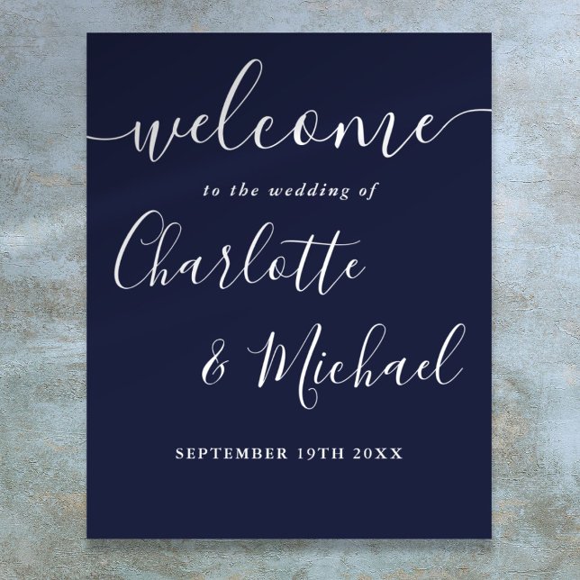 Begrüßungszeichen für Navy Blue Signature Script Poster (Navy Blue Signature Script Wedding Welcome Sign)