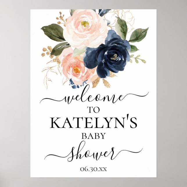Begrüßungszeichen für Navy- und Blush-Baby-Dusche Poster (Vorne)