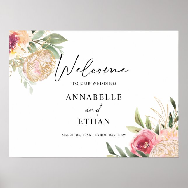 Begrüßungszeichen für Peony und Gold Foil Blume Poster (Vorne)