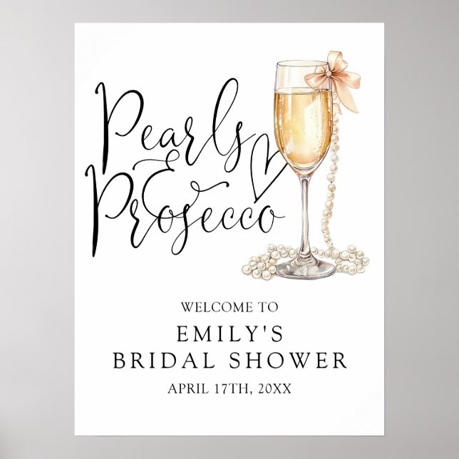 Begrüßungszeichen für Perlen und Prosecco-Brautpar Poster (Vorne)