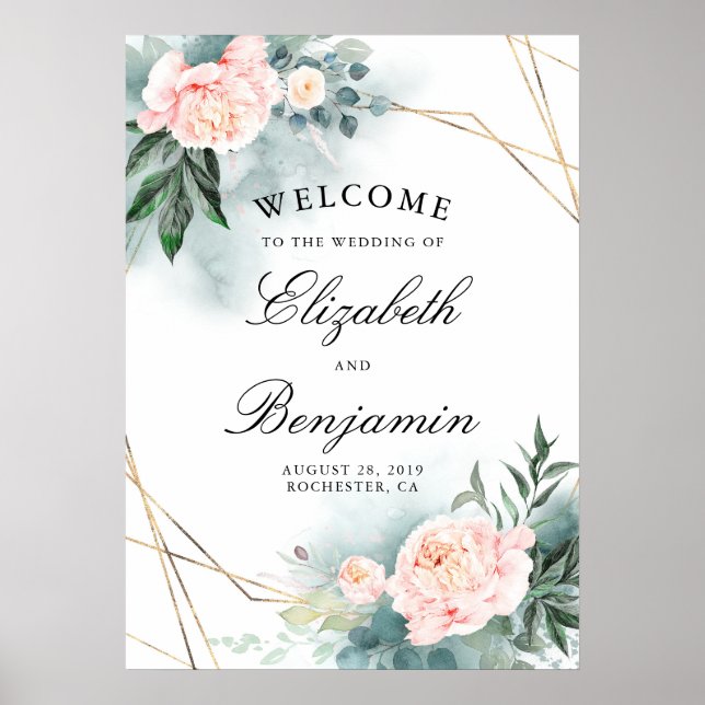 Begrüßungszeichen für Rosa Blume und Goldrahmen Poster (Vorne)