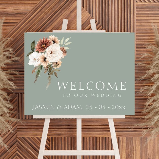 Begrüßungszeichen für Rustikal-Grünpfirsich Poster (Rustic Green Peach Floral Wedding Welcome Sign)