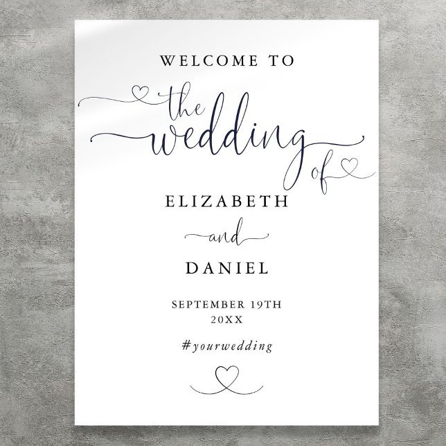 Begrüßungszeichen für Schwarz-Weiß-Herz Poster (Black And White Heart Script Wedding Welcome Sign)