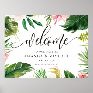 Begrüßungszeichen für tropisches Leaf und Blumen Poster