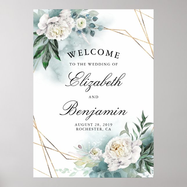 Begrüßungszeichen für weiße Blume und Goldrahmen Poster (Vorne)