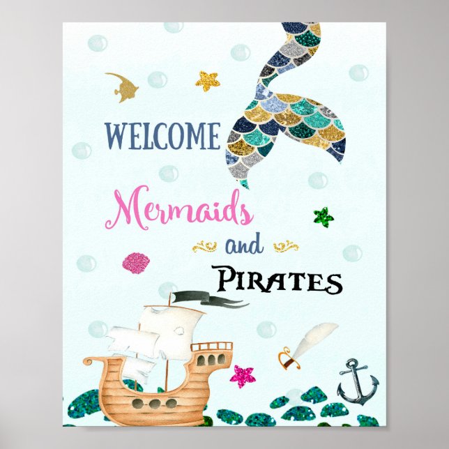 Begrüßungszeichen Mermaid und Pirate Party Poster (Vorne)