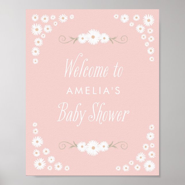 Begrüßungszeichen Pink Boho Daisy Baby Dusche Poster (Vorne)