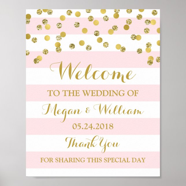 Begrüßungszeichen Rosa Streifen Gold Confetti Poster (Vorne)
