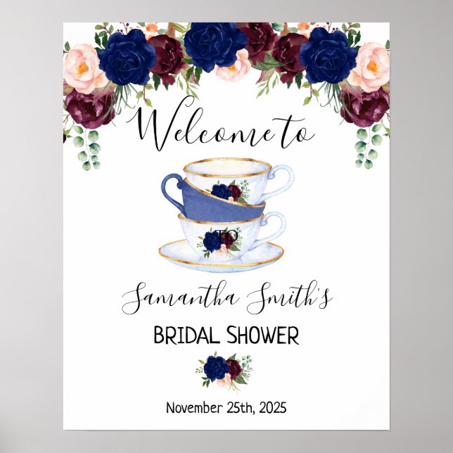 Begrüßungszeichen Tea Brautparty Marsala Blumensch Poster (Vorne)