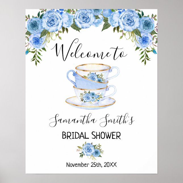 Begrüßungszeichen Tee Brautparty Blue Floral Poster (Vorne)