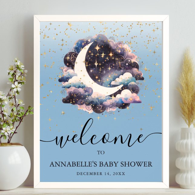 Begrüßungszeichen über der Monddusche Poster (Over The Moon Baby Shower Welcome Sign)