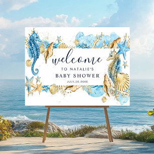 Begrüßungszeichen unter Sea Blue & Gold Baby Dusch Poster