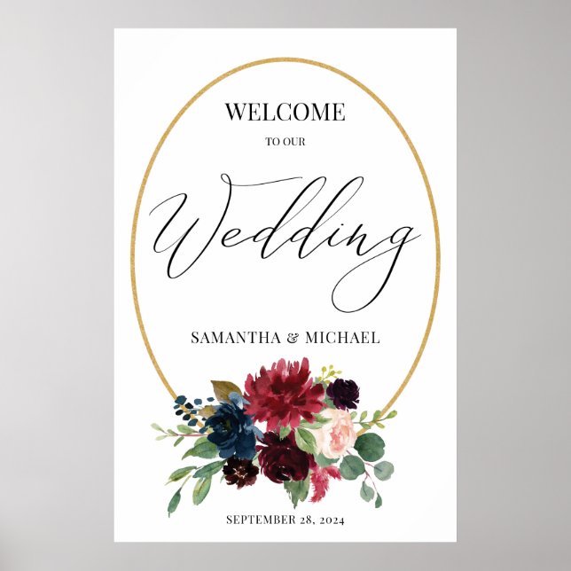Begrüßungszeichen von Burgund Floral Gold Wreath Poster (Vorne)