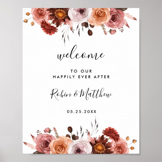 Begrüßungszeichen von Burgund und Blush Floral Poster (Vorne)