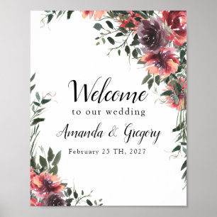 Begrüßungszeichen von Burgundy Floral Leafy Poster