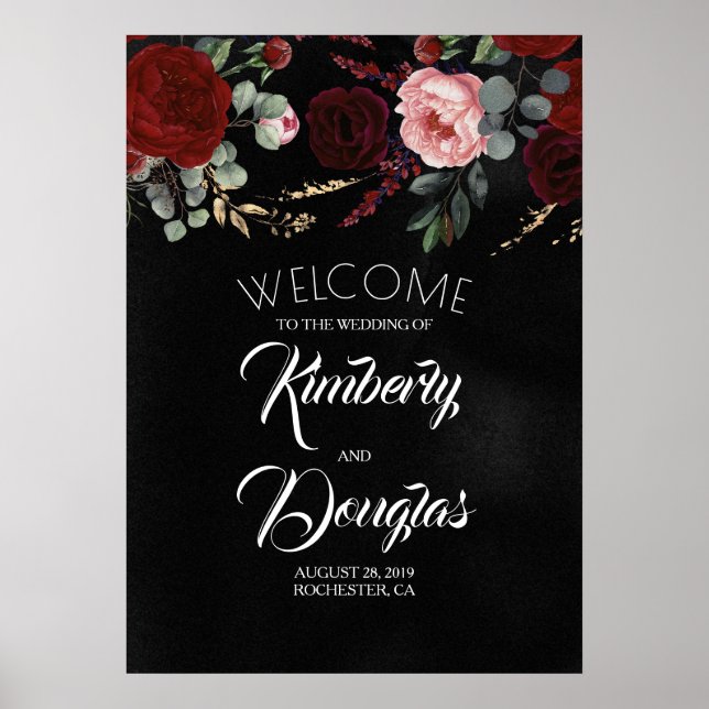 Begrüßungszeichen von Burgundy Red Floral Black Poster (Vorne)