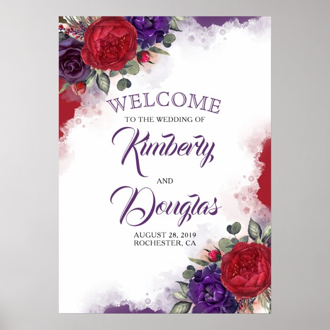 Begrüßungszeichen von Burgundy Red Floral Eggplant Poster (Vorne)