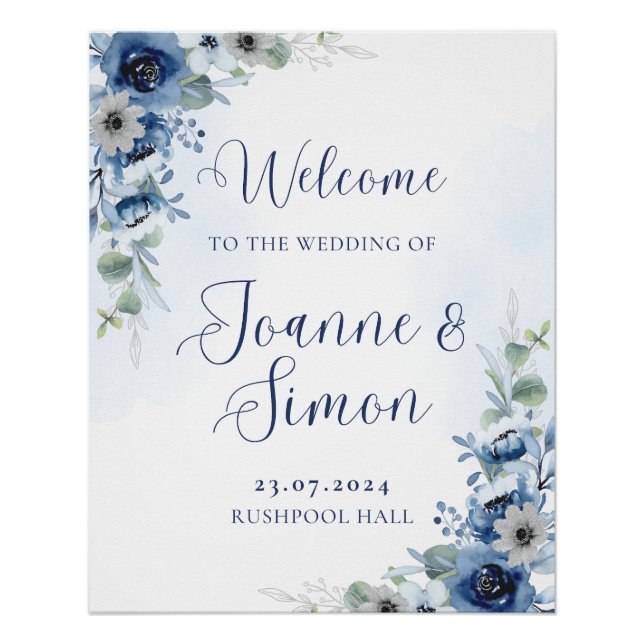 Begrüßungszeichen von Dusty Blue Floral Editable Poster (Vorderseite)
