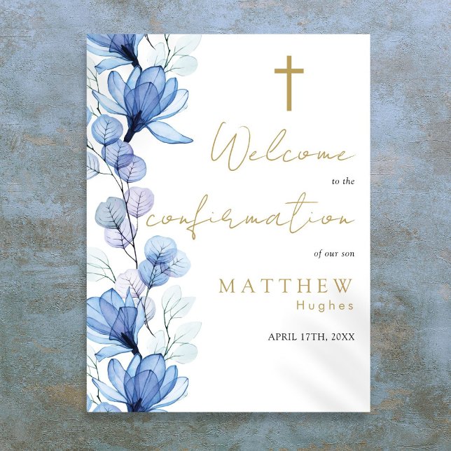 Begrüßungszeichen von Dusty Blue Floral Poster (Dusty Blue Floral Confirmation Welcome Sign)