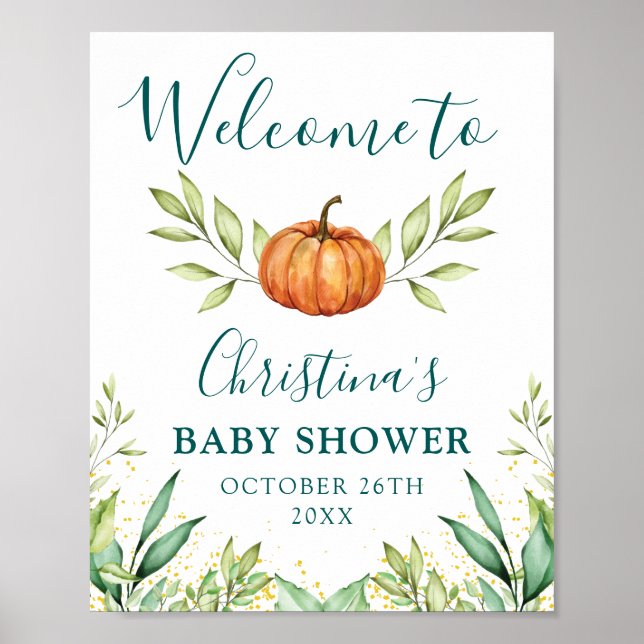 Begrüßungszeichen von Greenery Pumpkin Fall Baby D Poster (Vorne)